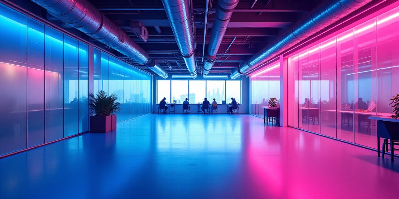 Modern workspace interior with vibrant lighting and collaborative zones