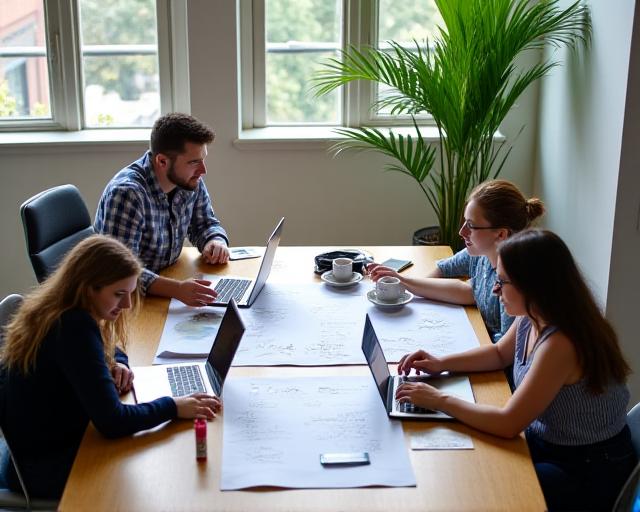 Creative team collaborating in a sun-lit hub